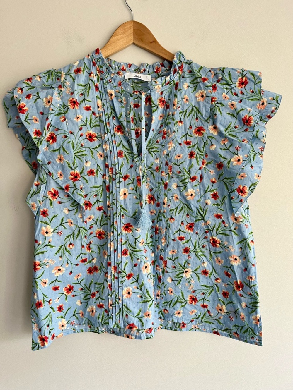 Talulah Sky Blue Floral Pleated Flutter Sleeve Tassel Blouse Large
